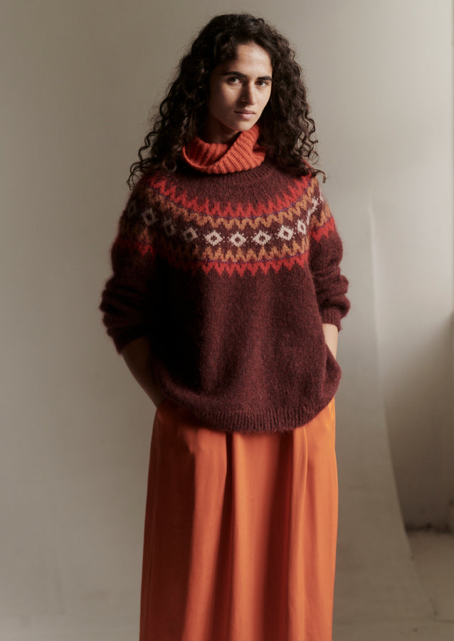 Fair Isle Yoke Mohair Blend Easy Sweater | Red Multi